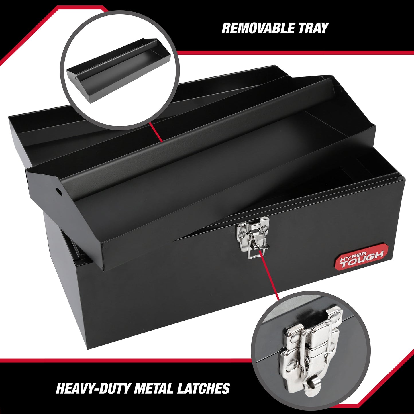 16-Inch Black Metal Tool Box with Removable Tool Tray