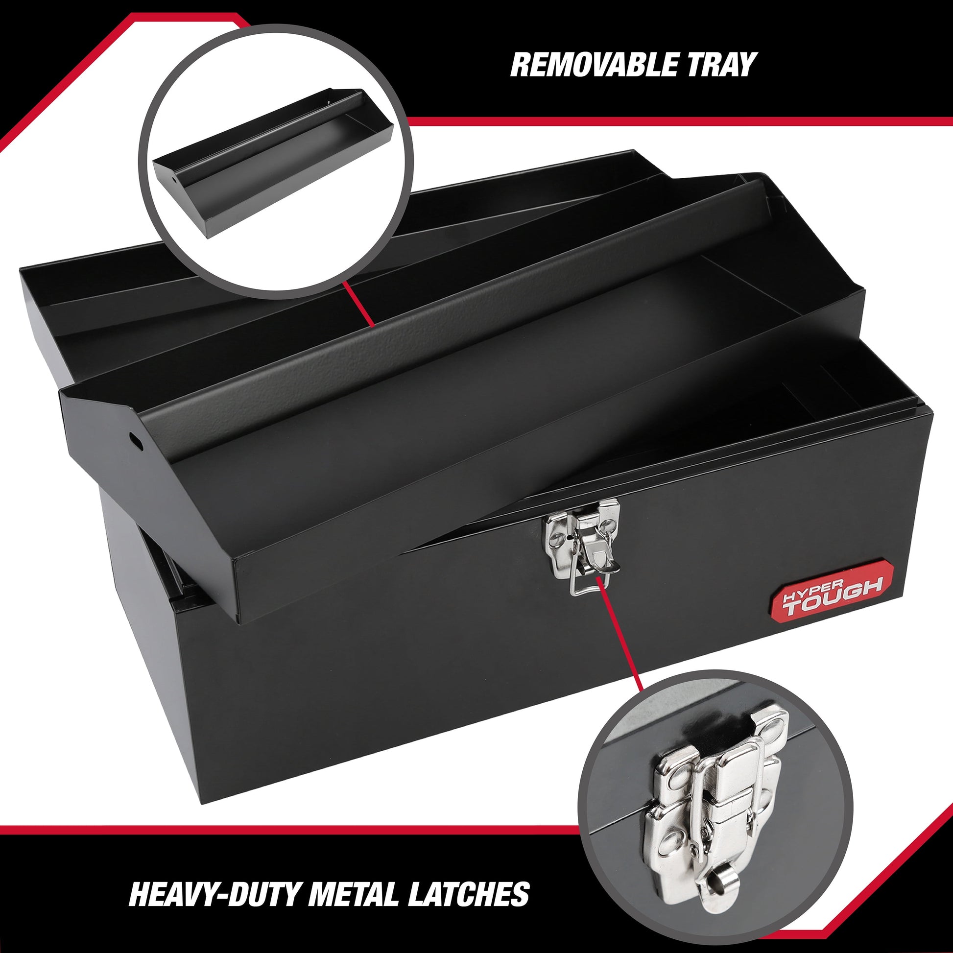 16-Inch Black Metal Tool Box with Removable Tool Tray