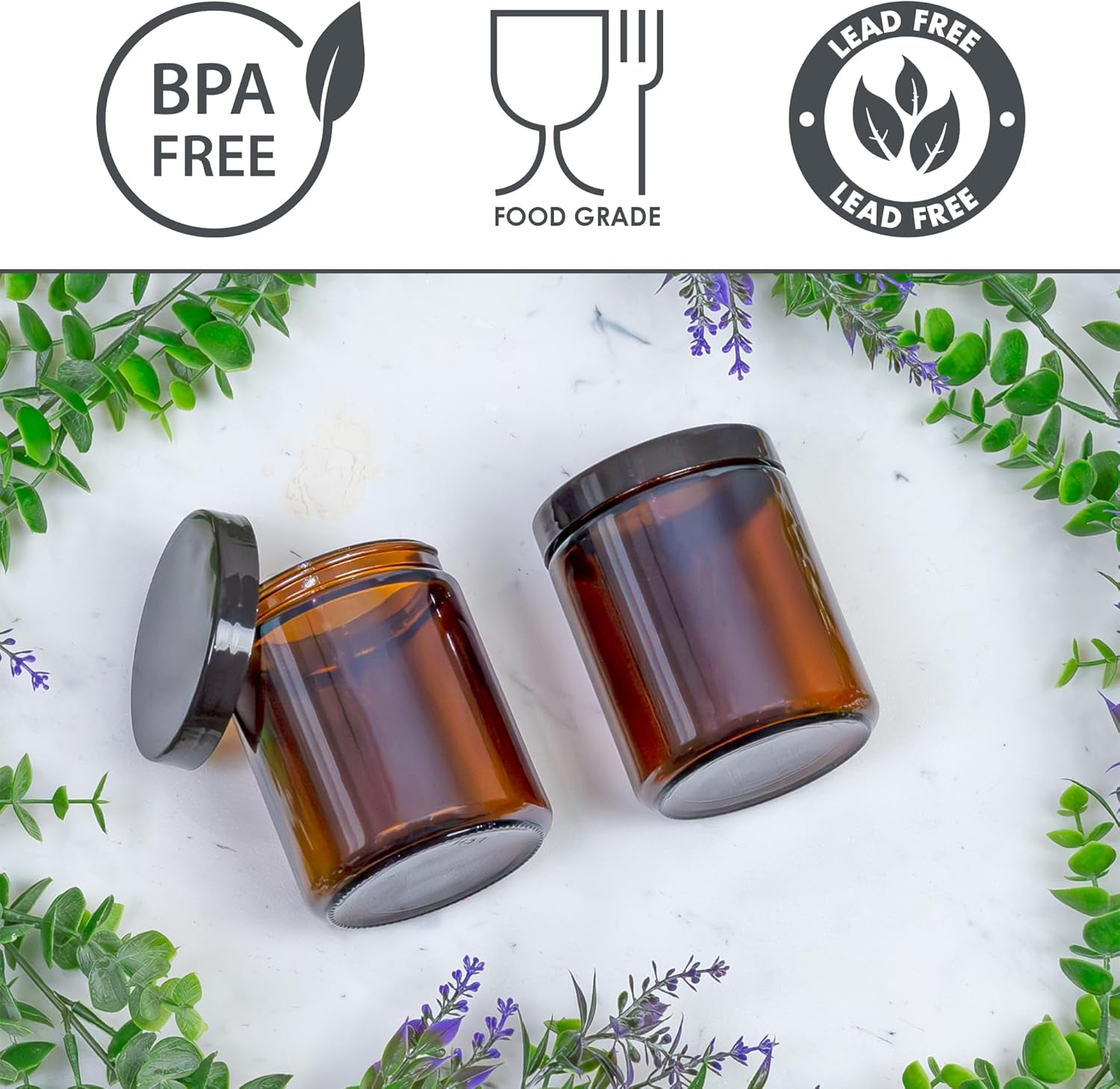 8Oz / 9Oz Amber Glass Jars (Pack of 6) Straight Sided Cosmetic Jars, Great for Body Butter, Creams, Stash Jars, Etc.