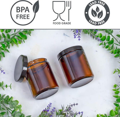 8Oz / 9Oz Amber Glass Jars (Pack of 6) Straight Sided Cosmetic Jars, Great for Body Butter, Creams, Stash Jars, Etc.
