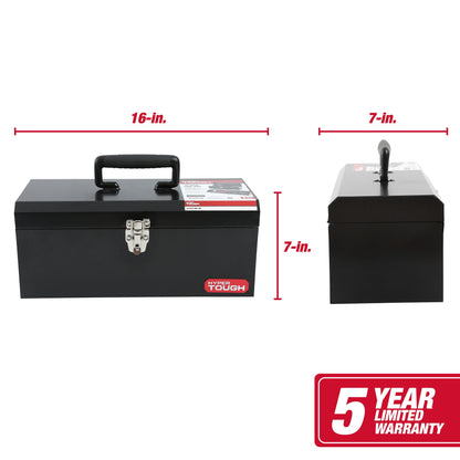 16-Inch Black Metal Tool Box with Removable Tool Tray