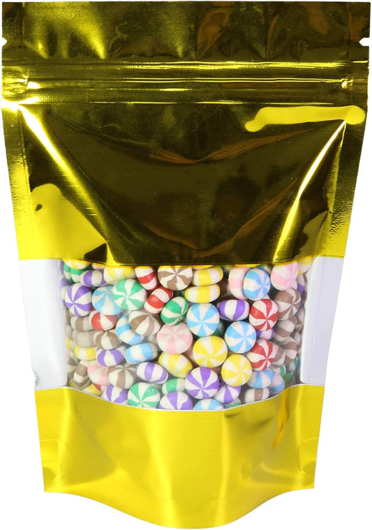 100 Shiny Colored Aluminum Mylar Foil Clear Window Reclosable Quickqlick™ Stand-Up Bags (4" X 6", Gold)