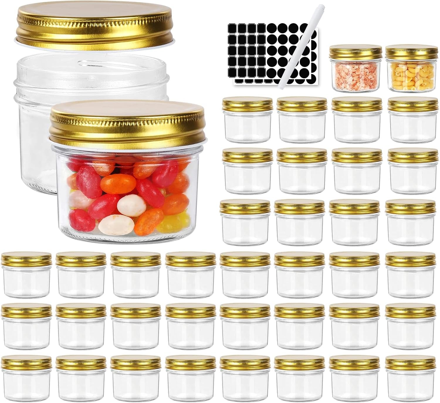 4 Oz Clear Glass Jars with Metal Golden Lids, Pack of 40, 100Ml round Canning Jars,Ideal for Spices, Herbs, Honey, Jam, Wedding Favors