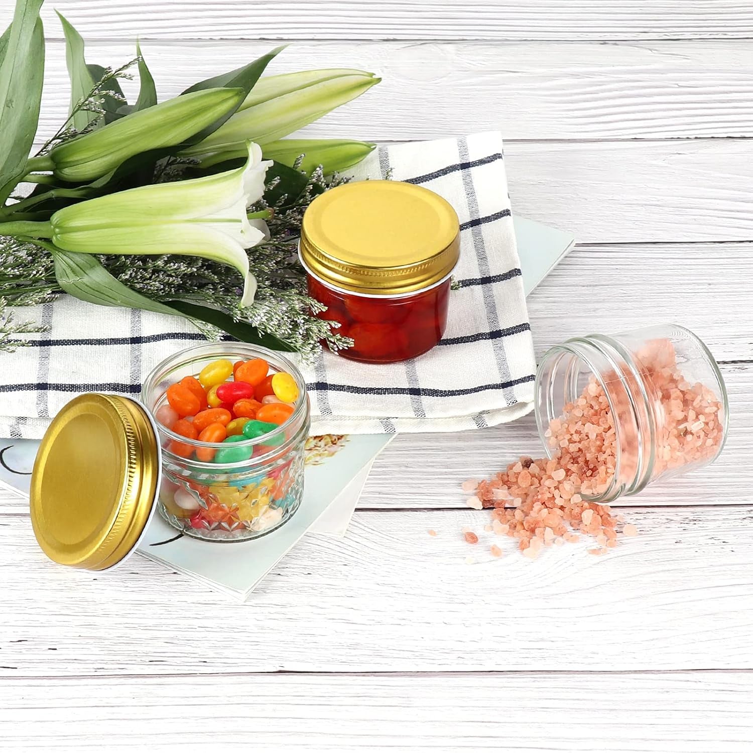 4 Oz Clear Glass Jars with Metal Golden Lids, Pack of 40, 100Ml round Canning Jars,Ideal for Spices, Herbs, Honey, Jam, Wedding Favors