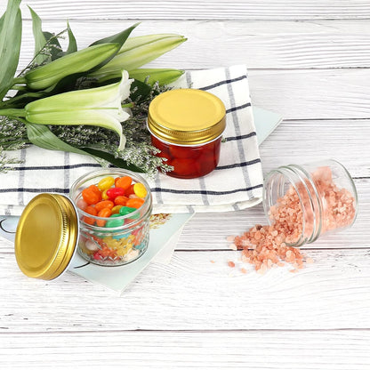 4 Oz Clear Glass Jars with Metal Golden Lids, Pack of 40, 100Ml round Canning Jars,Ideal for Spices, Herbs, Honey, Jam, Wedding Favors