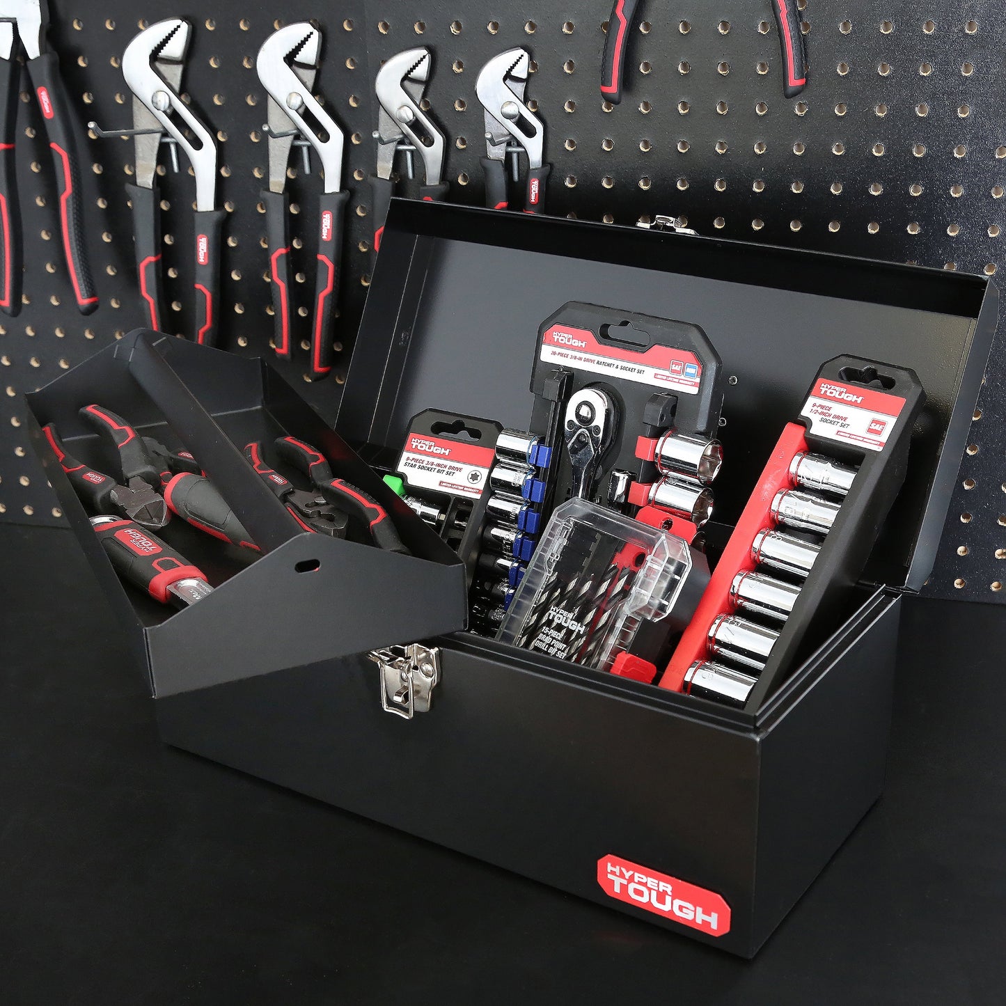 16-Inch Black Metal Tool Box with Removable Tool Tray