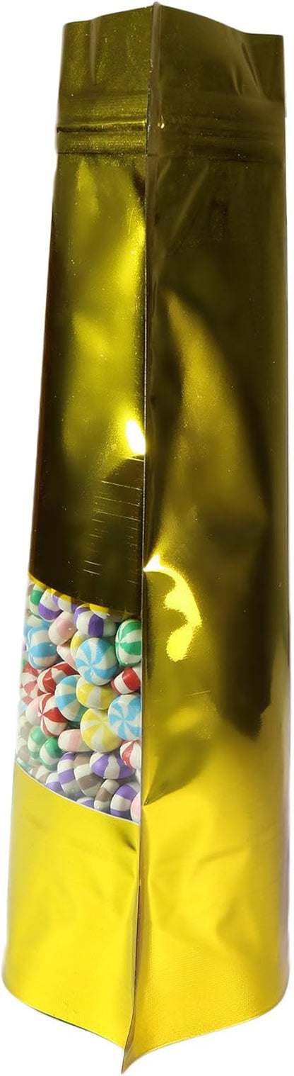 100 Shiny Colored Aluminum Mylar Foil Clear Window Reclosable Quickqlick™ Stand-Up Bags (4" X 6", Gold)