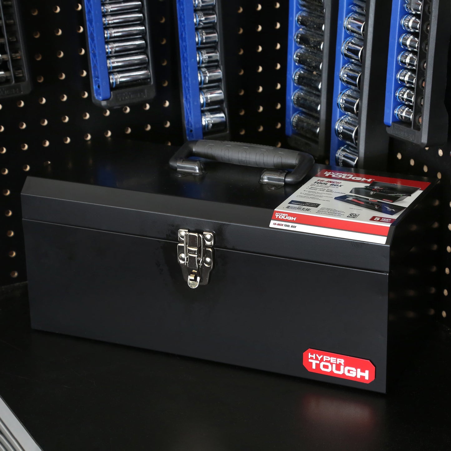 16-Inch Black Metal Tool Box with Removable Tool Tray
