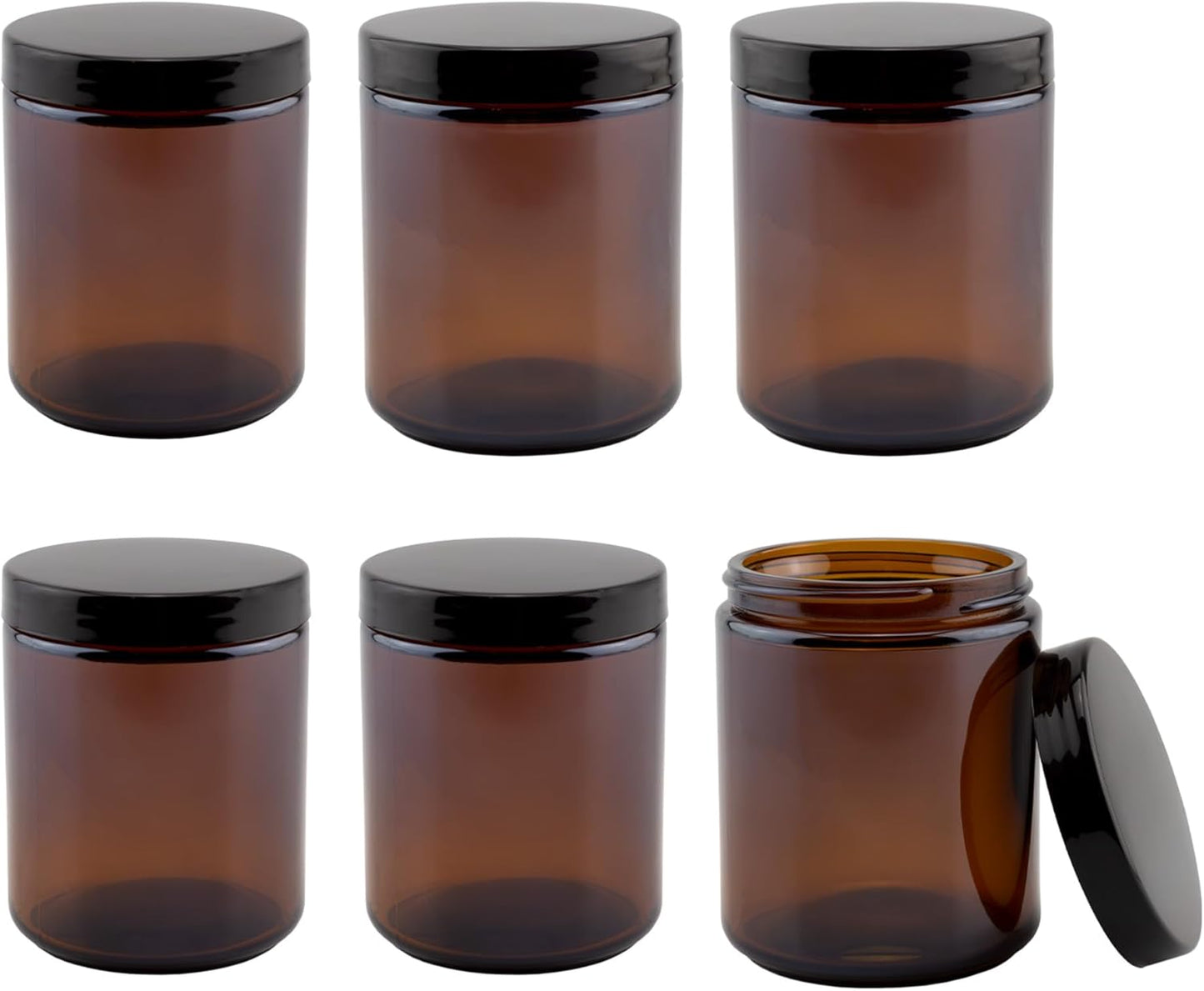 8Oz / 9Oz Amber Glass Jars (Pack of 6) Straight Sided Cosmetic Jars, Great for Body Butter, Creams, Stash Jars, Etc.