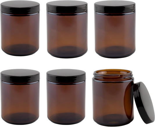 8Oz / 9Oz Amber Glass Jars (Pack of 6) Straight Sided Cosmetic Jars, Great for Body Butter, Creams, Stash Jars, Etc.