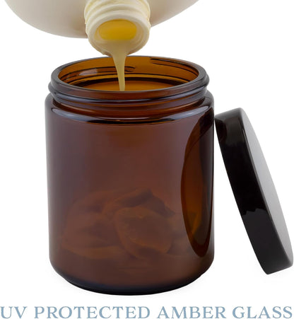 8Oz / 9Oz Amber Glass Jars (Pack of 6) Straight Sided Cosmetic Jars, Great for Body Butter, Creams, Stash Jars, Etc.